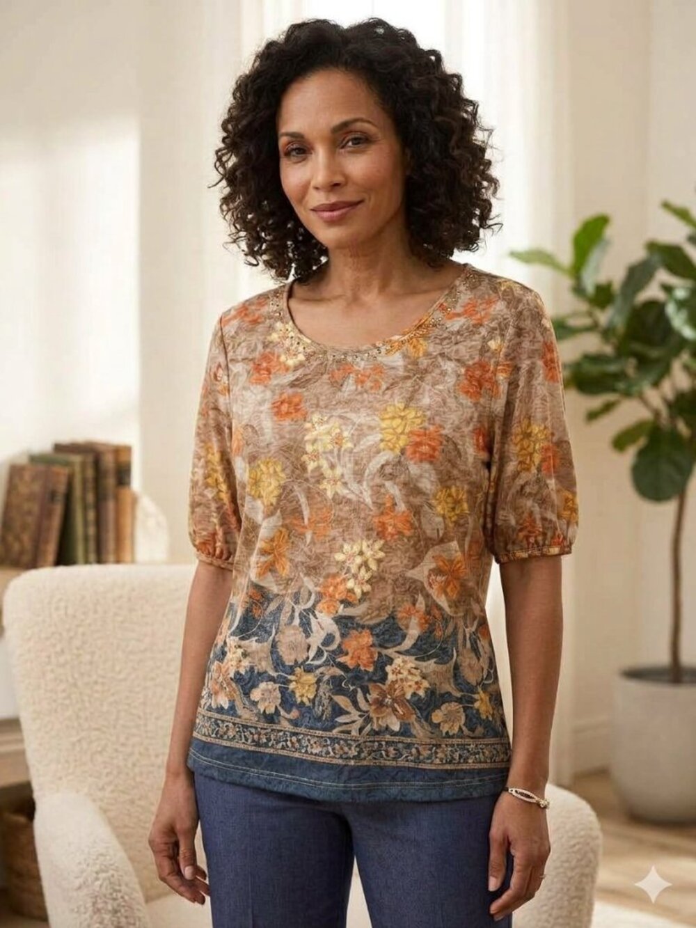 Ruby Rd. Woman Floral Gem Scoop Neck Short Sleeve Top Orange Brown Plus 1X